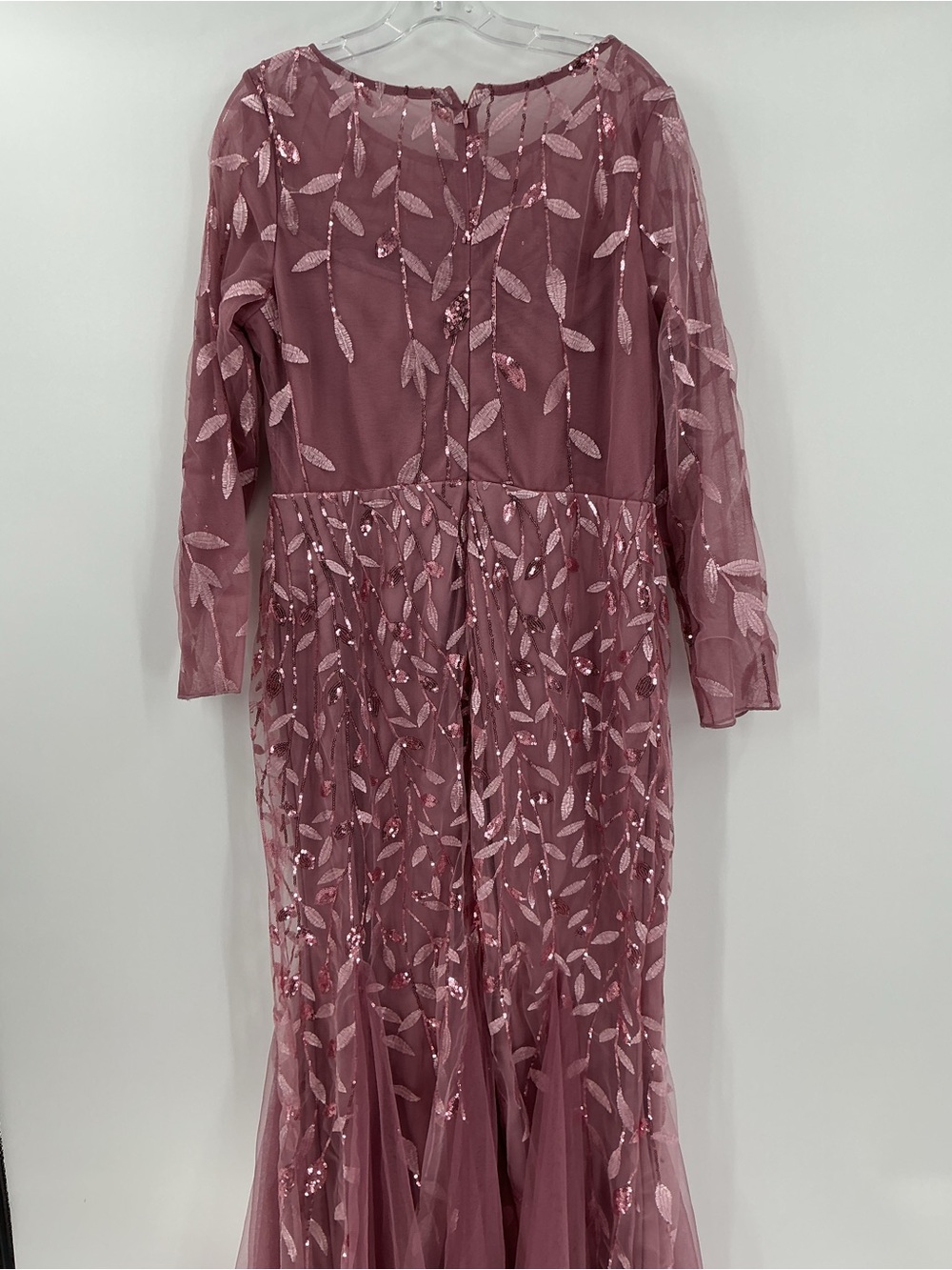 Sequin Leaf Embroidered Mermaid Gown Mauve 3/4 Sleeve Formal Dress S - Picture 9 of 13